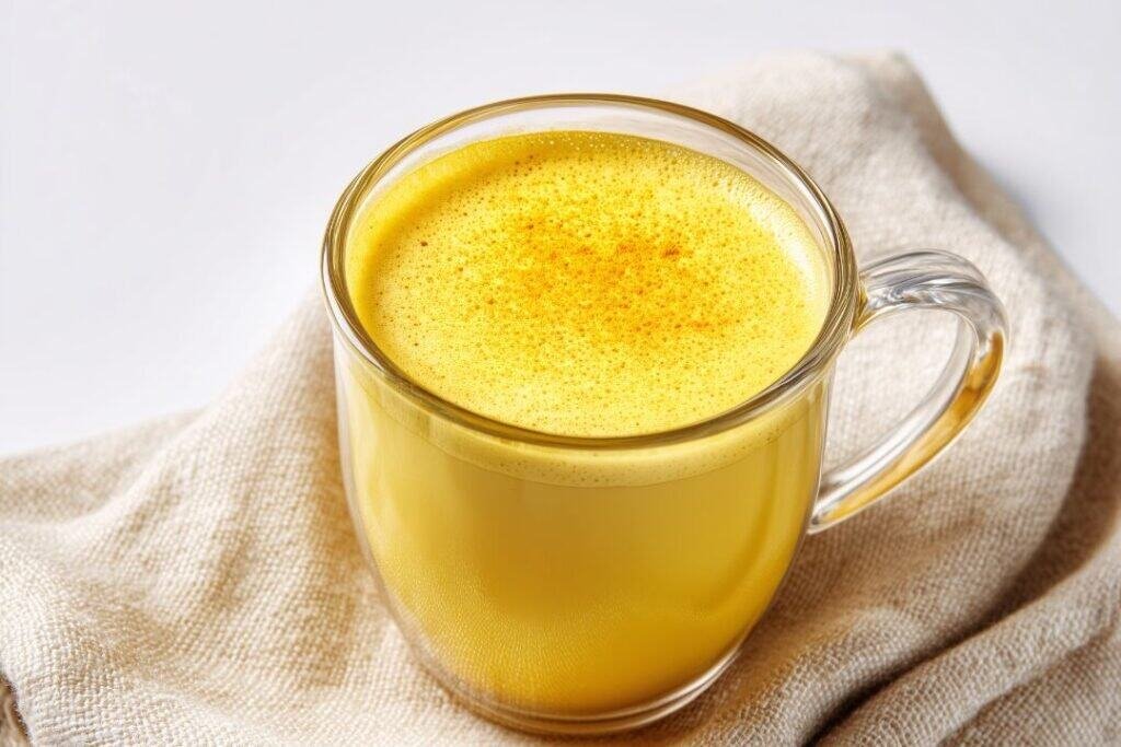 Golden turmeric latte in a clear glass mug on beige cloth. a nourishing turmeric spice recipe.