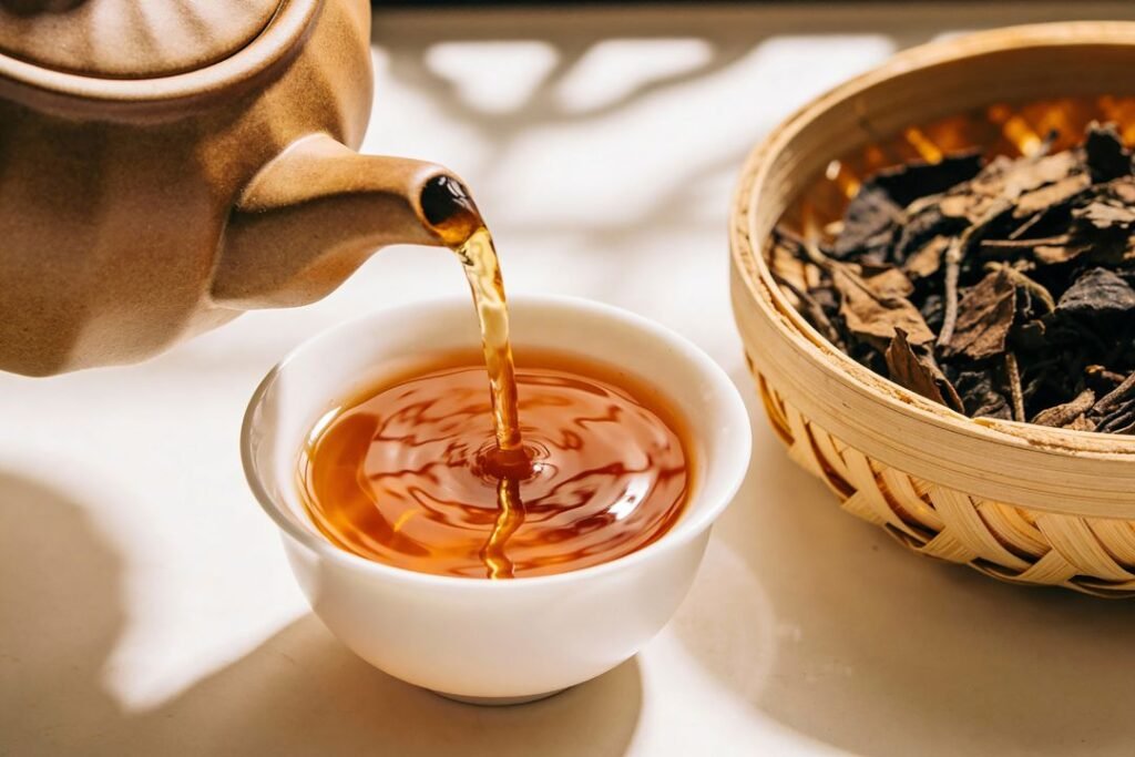 cup of warm water with herbs and spices infusing, promoting digestion and wellness