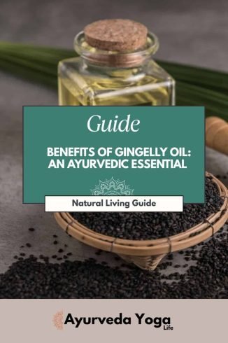 Gingelly oil in a glass bottle with a cork, surrounded by black sesame seeds and herbal herbs, promoting Ayurveda and yoga wellness.