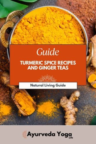 Golden turmeric powder in a decorative container with ginger root and turmeric pieces around it.